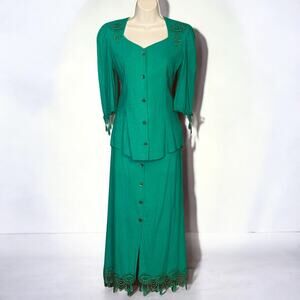 Vintage Lilia Smith Prairiecore Maxi Skirt Set Teal Green Western Cottage XS USA